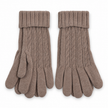 Pair of oatmeal cable knit gloves on a white background