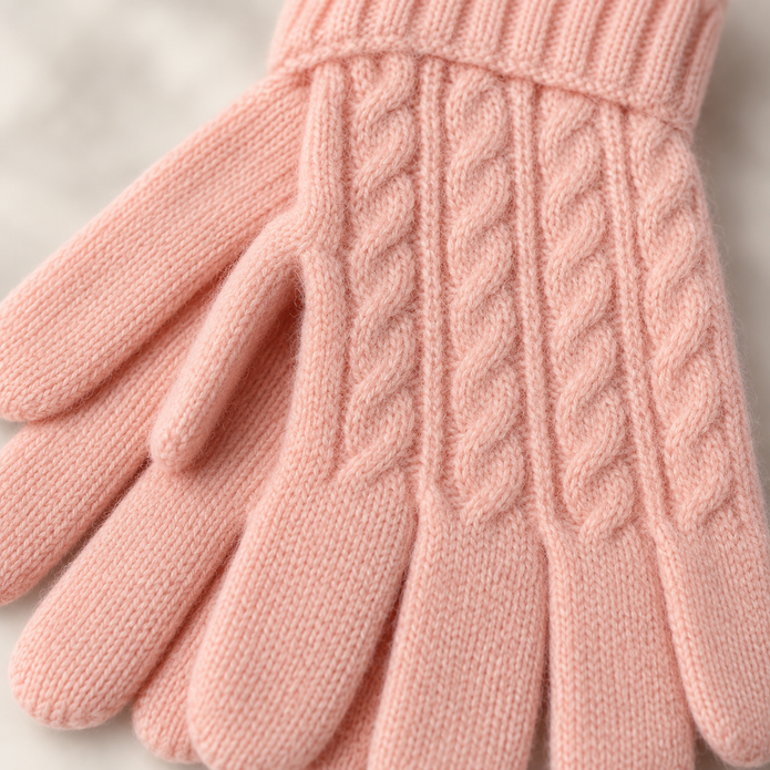 Close-up of the soft pink cable knit glove texture