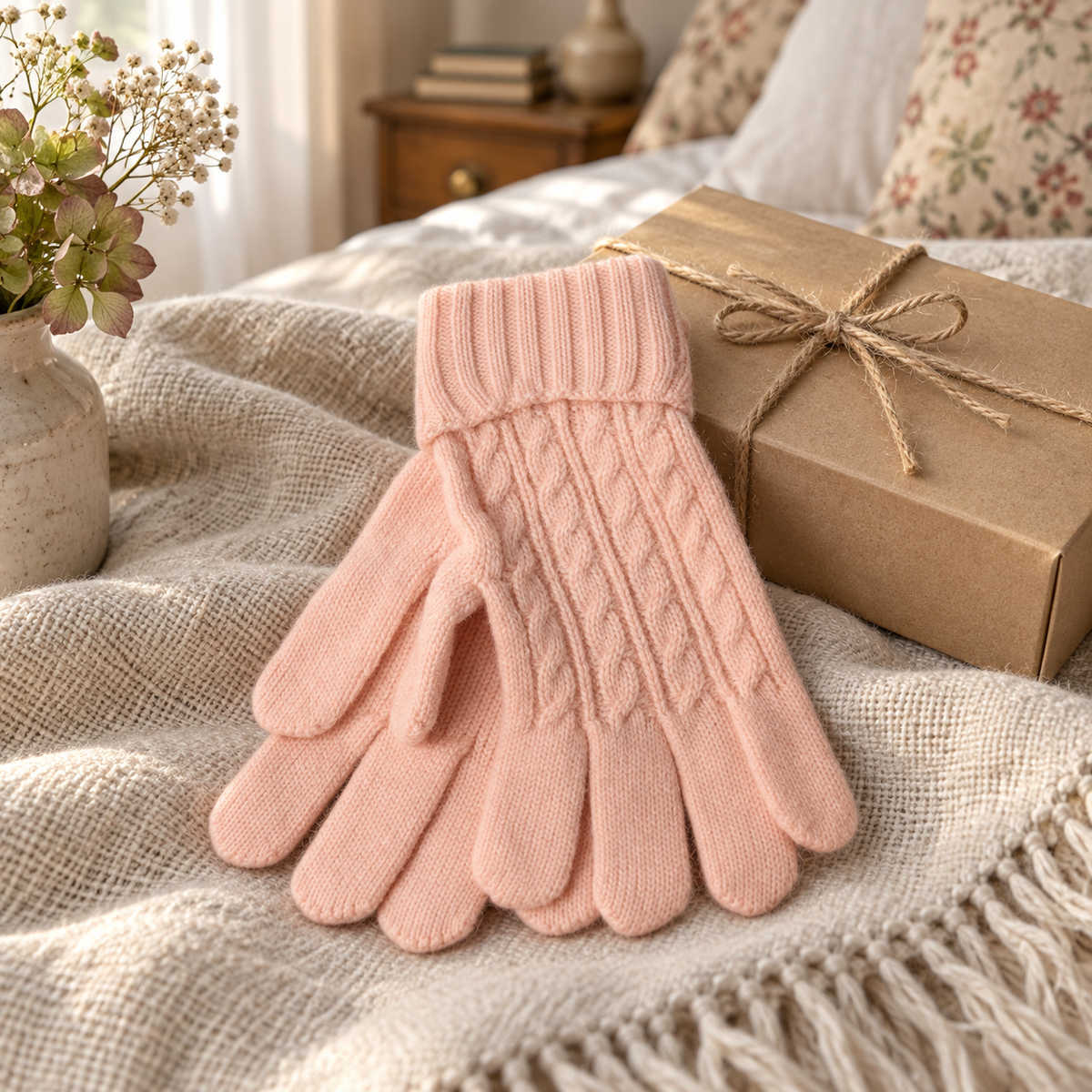 Pink cable knit gloves styled beside a kraft gift box