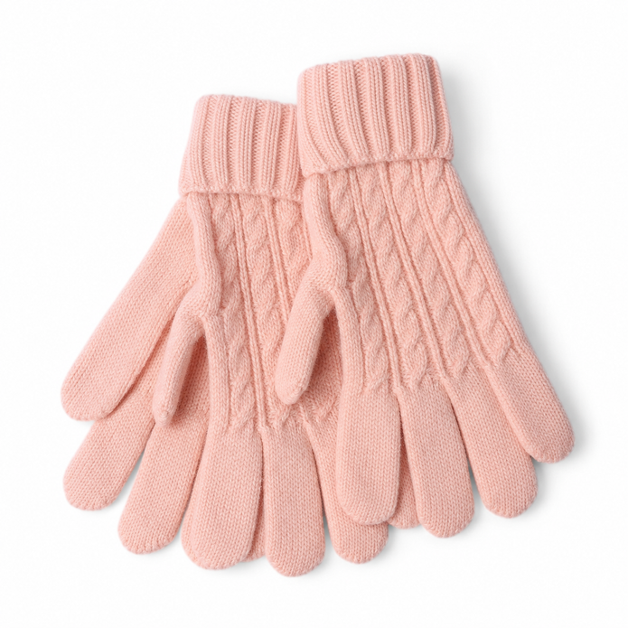 Pair of pink cable knit gloves on a white background