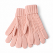 Pair of pink cable knit gloves on a white background