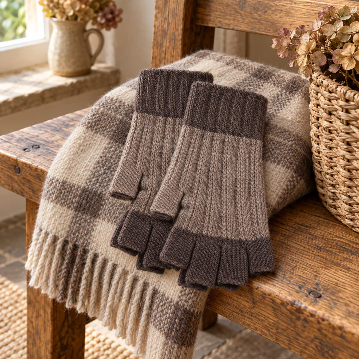 Two-tone oatmeal and cappuccino fingerless gloves on a wooden bench