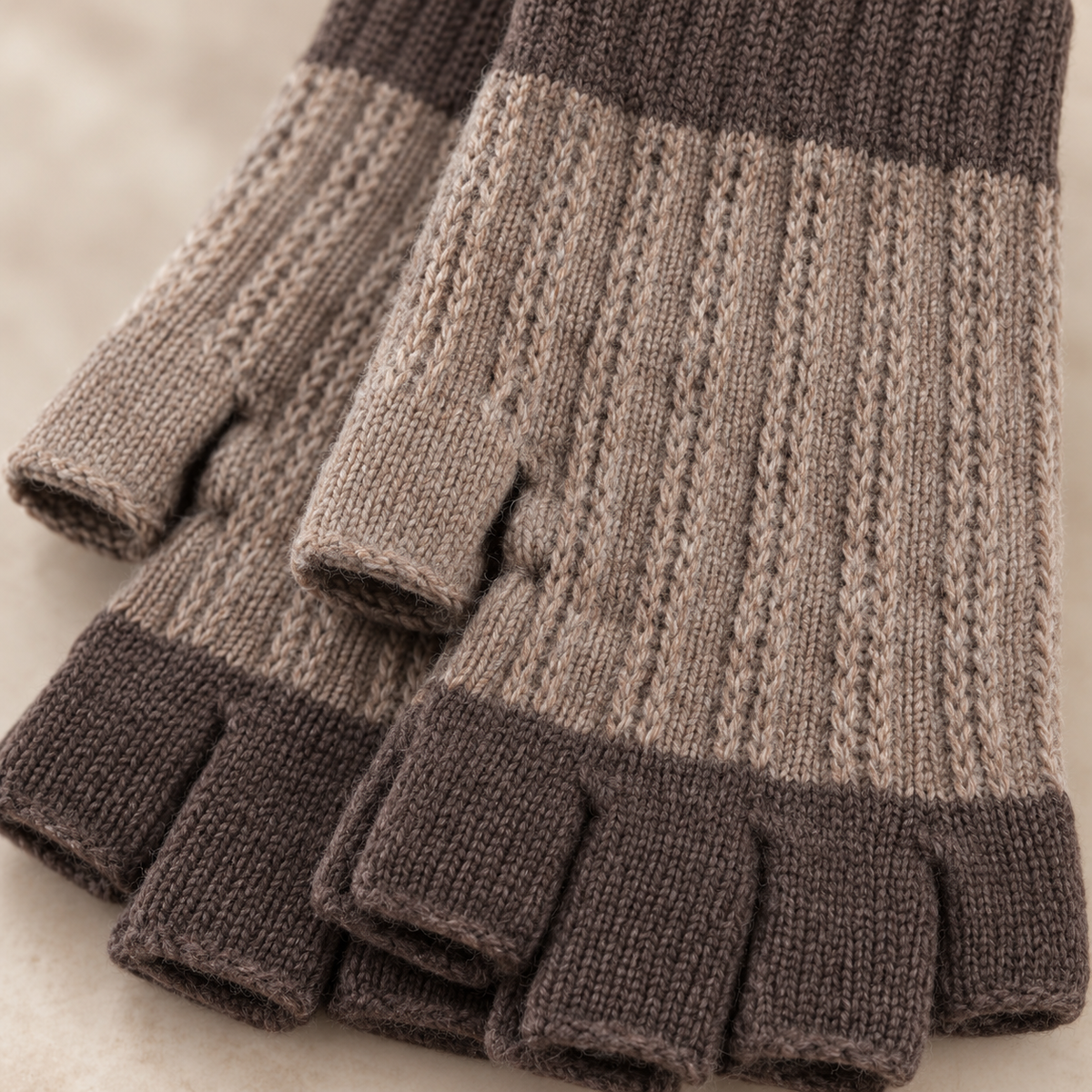 Close-up of the two-tone rib knit fingerless glove texture