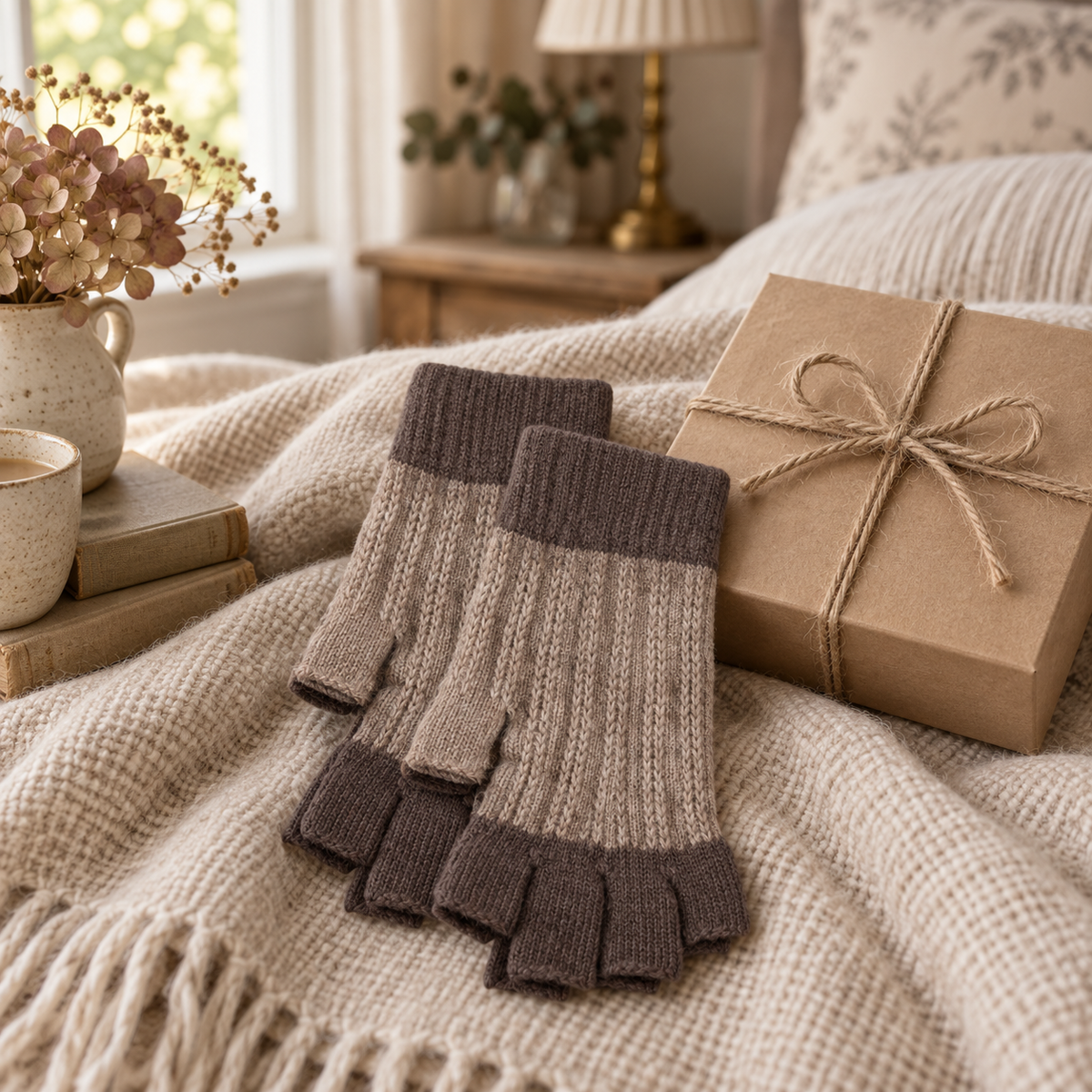 Oatmeal and cappuccino fingerless gloves styled as a cosy gift