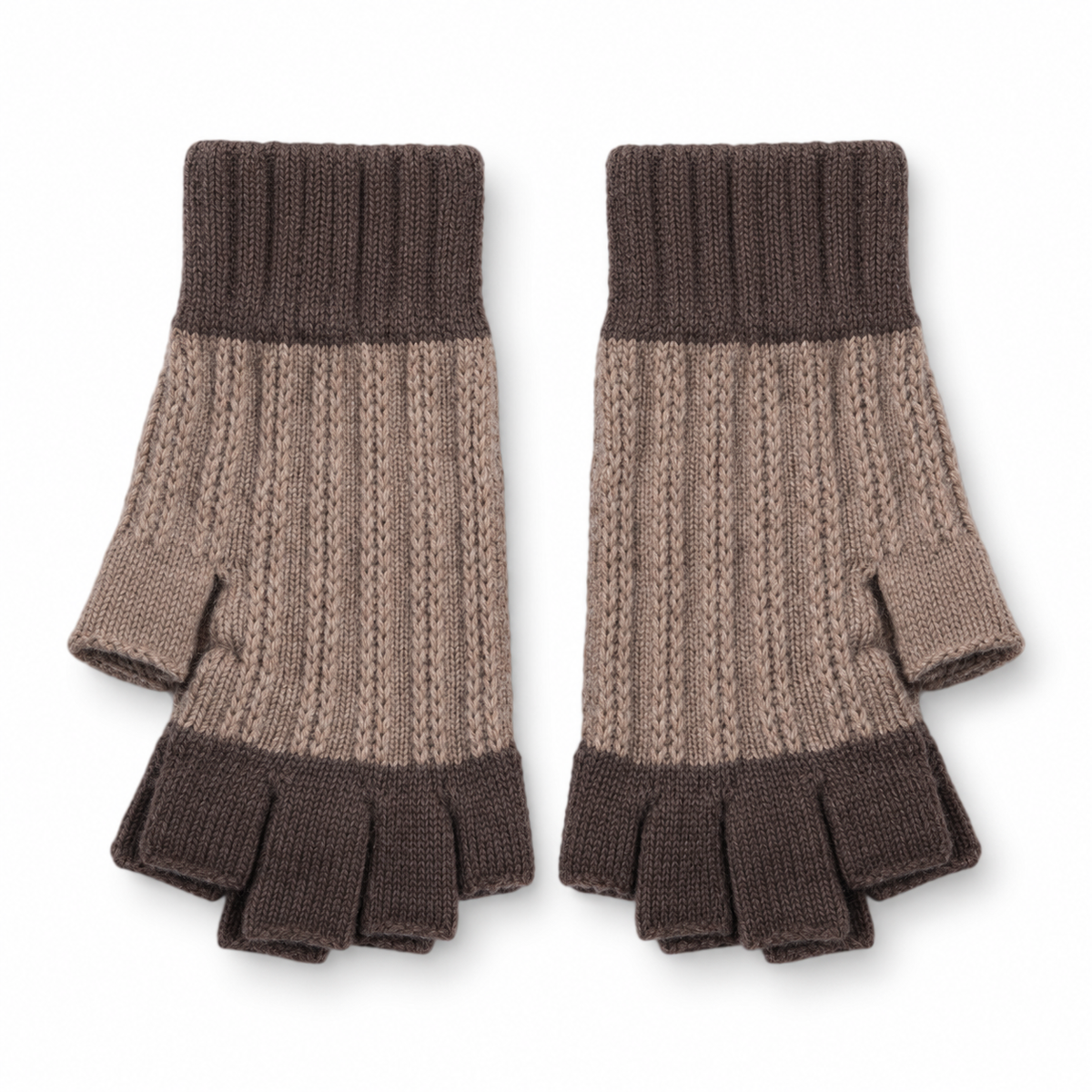 Pair of oatmeal and cappuccino fingerless gloves on white