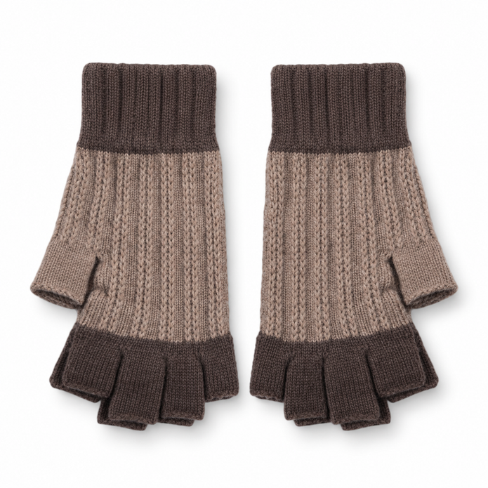 Pair of oatmeal and cappuccino fingerless gloves on white