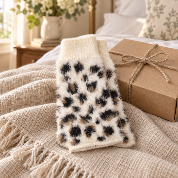 Cream leopard fluffy fingerless gloves styled beside a kraft gift box