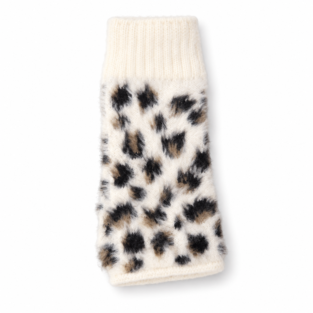 Cream leopard fluffy fingerless gloves on a white background