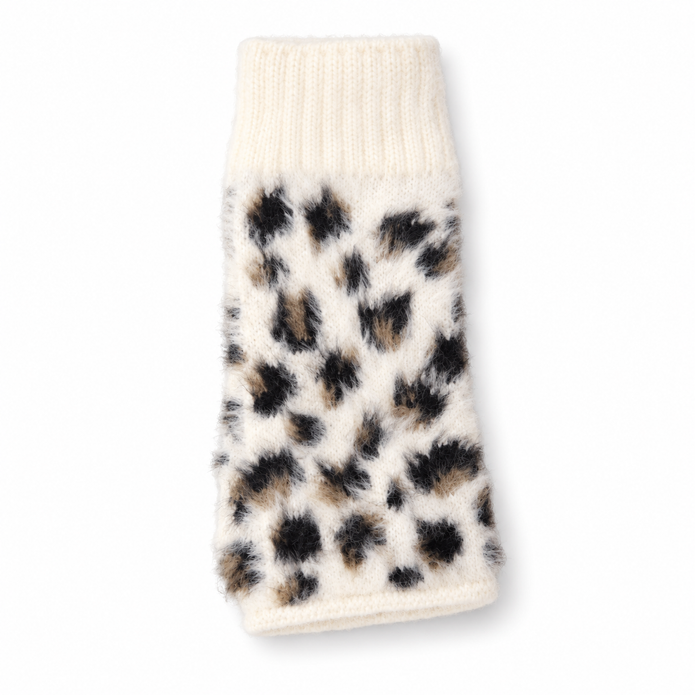 Cream leopard fluffy fingerless gloves on a white background