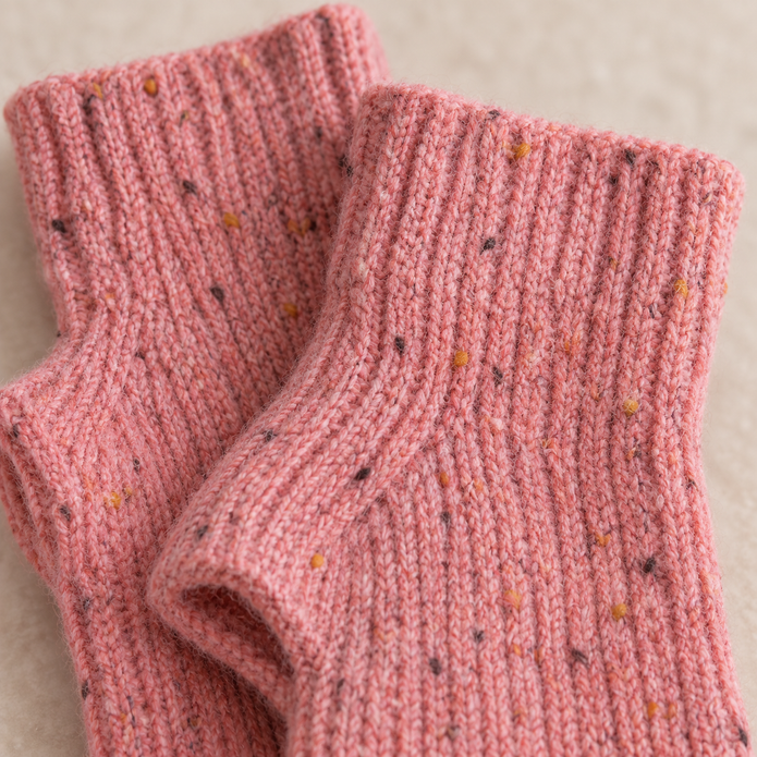 Close-up of the pink speckled rib knit glove texture
