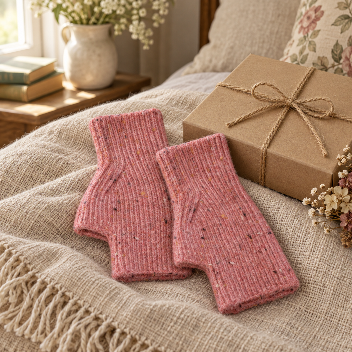 Pink speckle fingerless gloves styled beside a kraft gift box