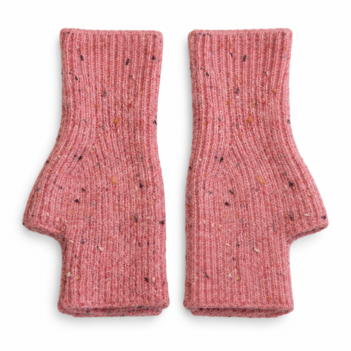 Pair of pink speckle fingerless gloves on white