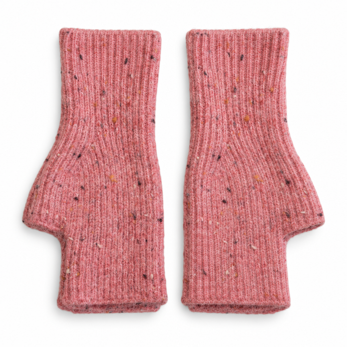 Pair of pink speckle fingerless gloves on white