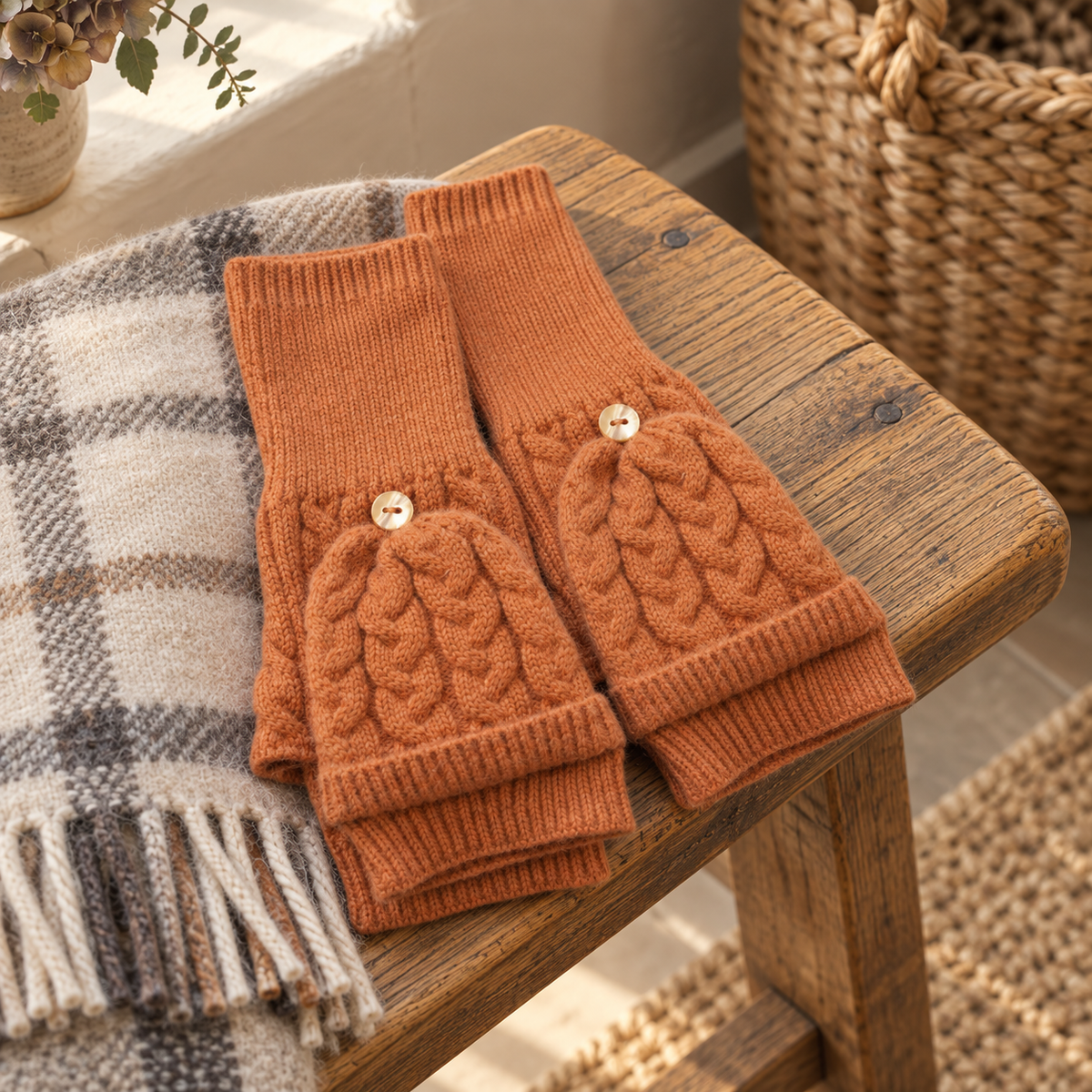Terracotta flip-top cable gloves on a rustic wooden bench