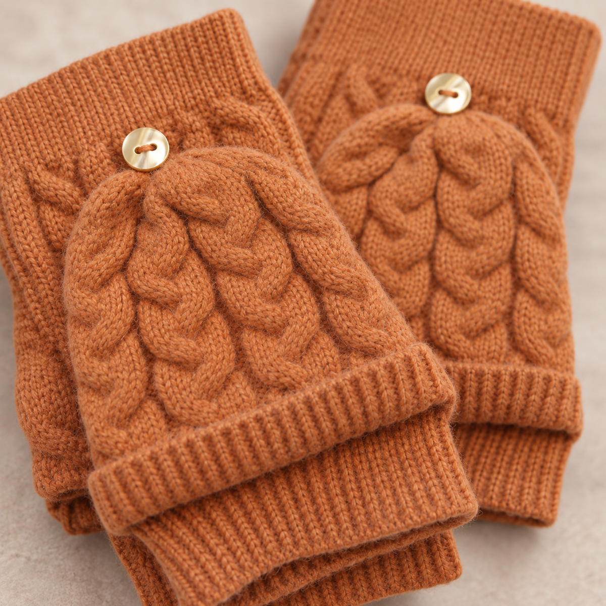 Close-up of terracotta cable knit mitten flaps and buttons