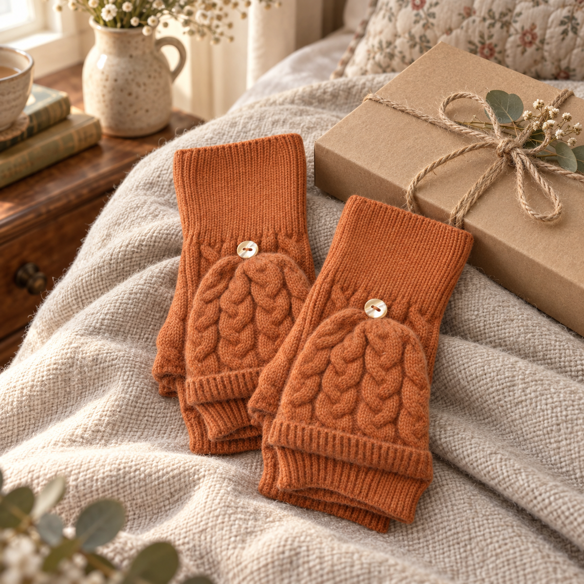 Terracotta flip-top fingerless gloves styled as a cosy gift