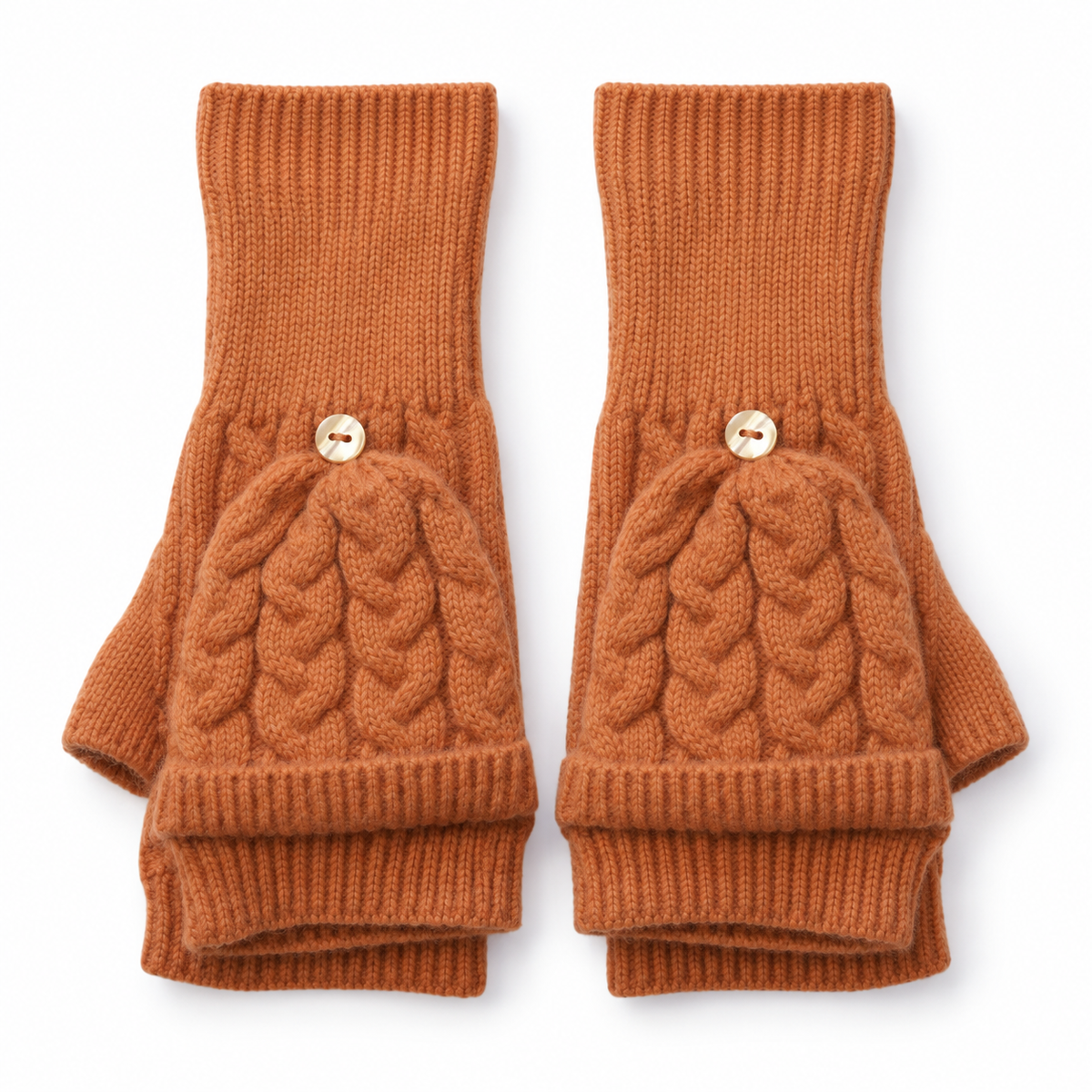 Pair of terracotta flip-top fingerless gloves on white