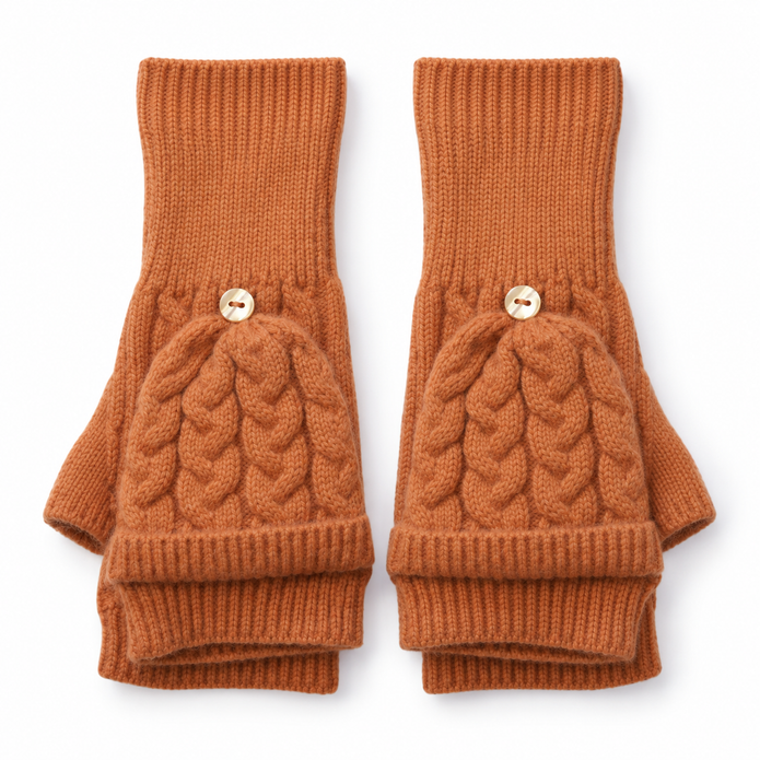 Pair of terracotta flip-top fingerless gloves on white