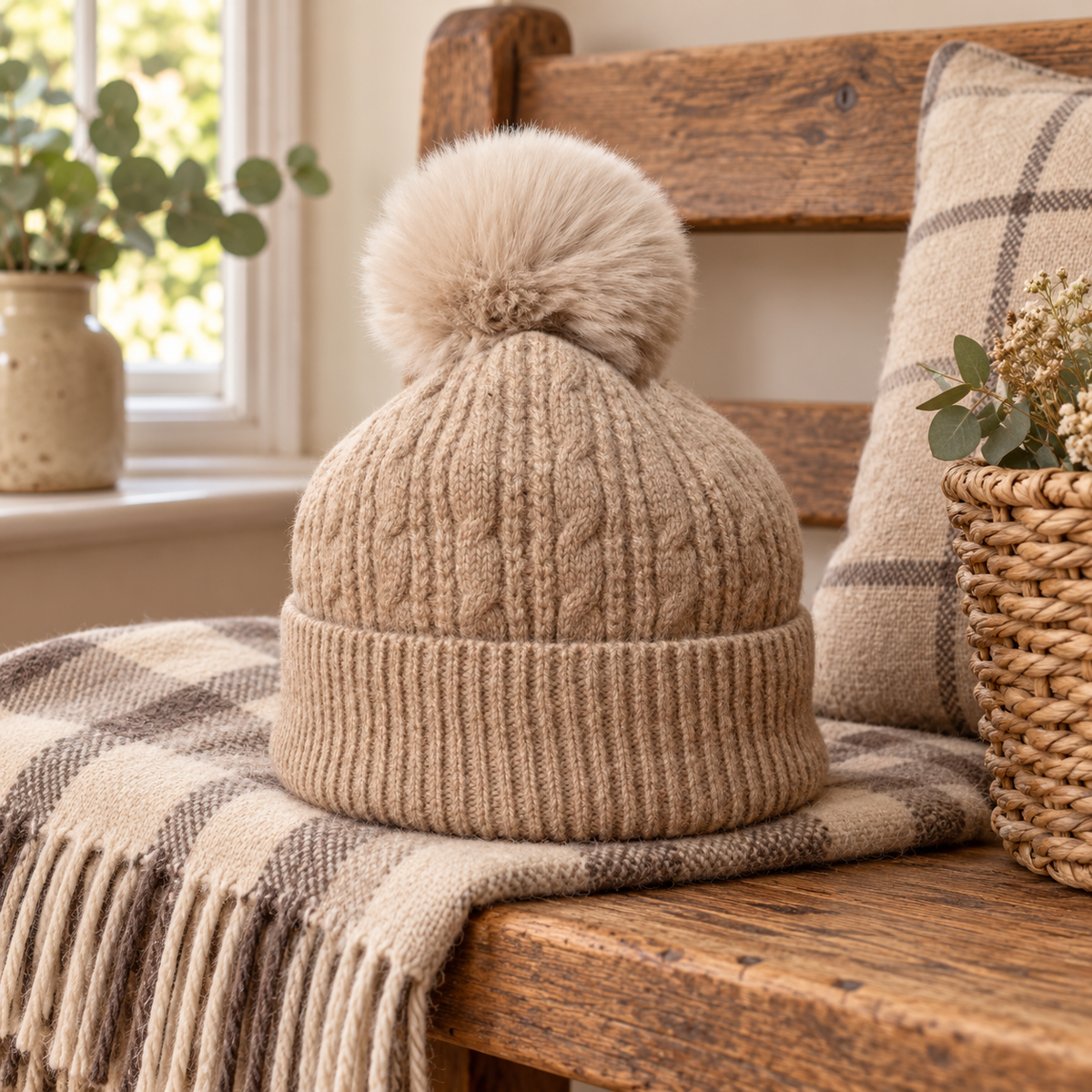 Oatmeal cable bobble hat on a rustic country bench
