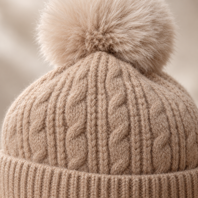 Close-up of oatmeal cable knit and matching fluffy pom-pom