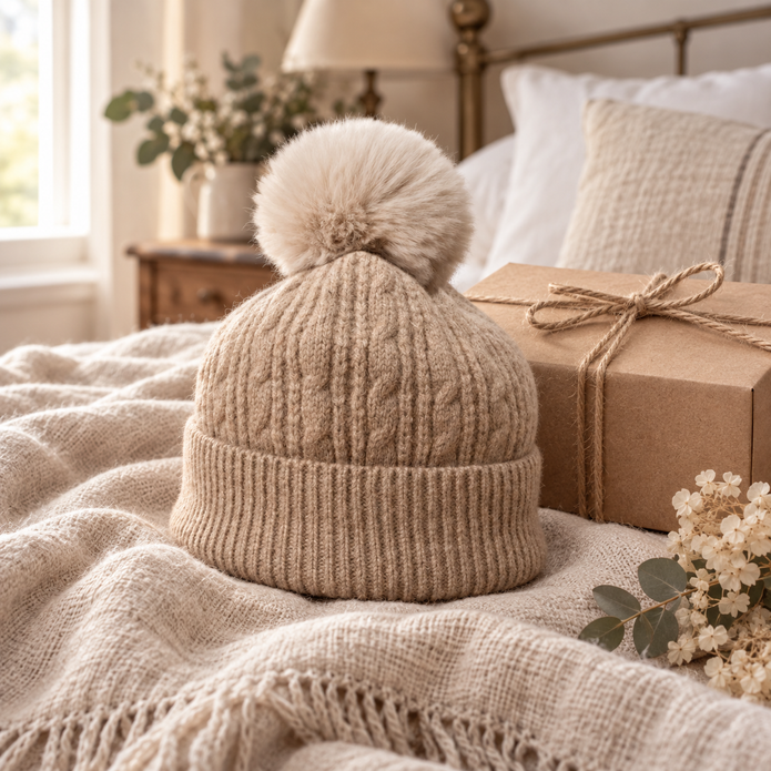 Oatmeal cable knit bobble hat styled beside a kraft gift box