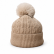 Oatmeal cable knit bobble hat with fluffy pom-pom on white
