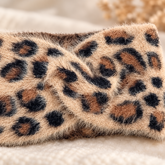 Close-up of the fluffy tan cream and black leopard headband knit