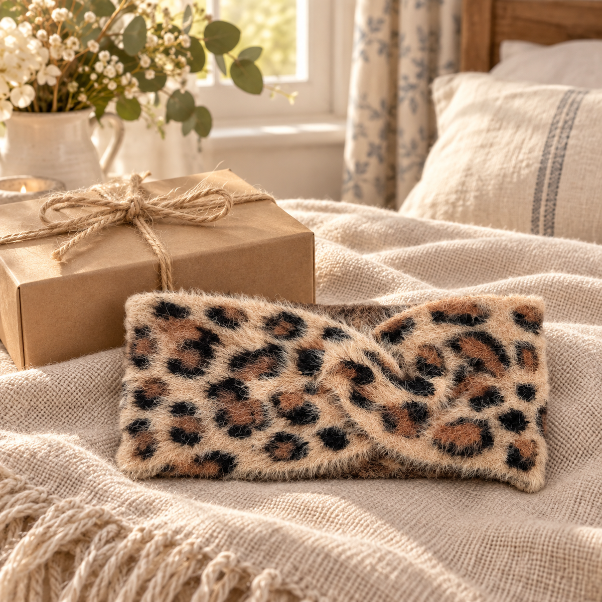 Tan leopard fluffy knit headband styled beside a kraft gift box
