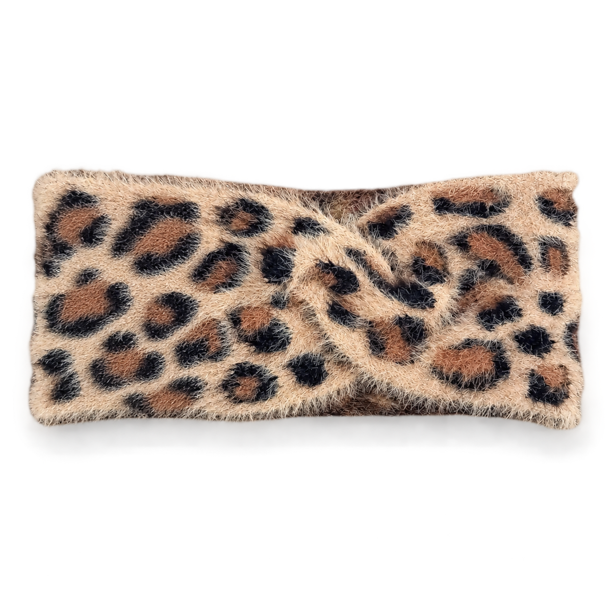 Tan cream and black leopard fluffy knit headband isolated