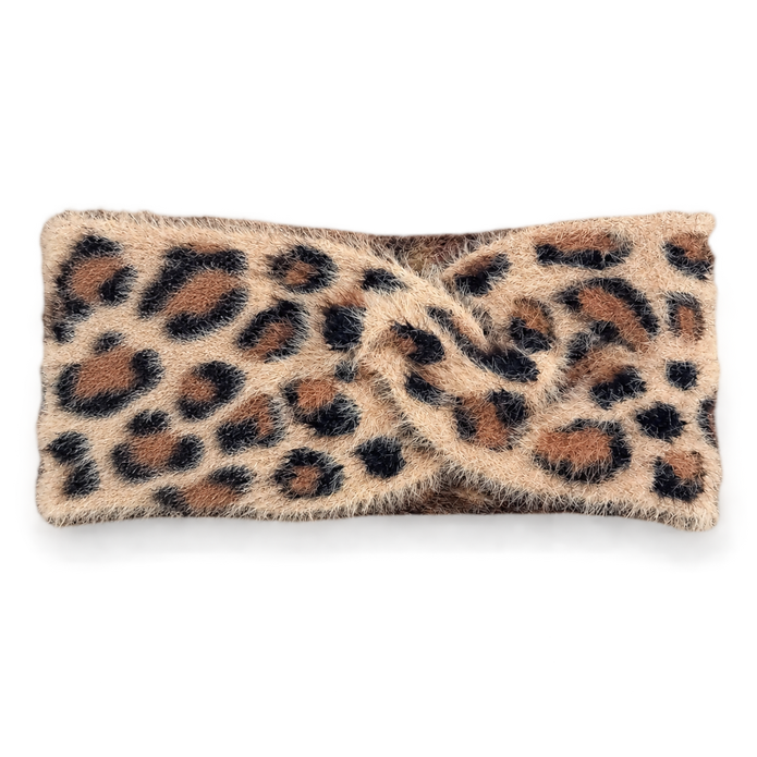 Tan cream and black leopard fluffy knit headband isolated