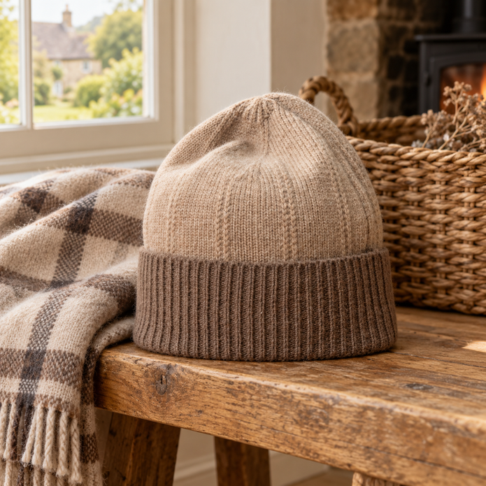 Two-tone oatmeal and cappuccino beanie in a country-home setting