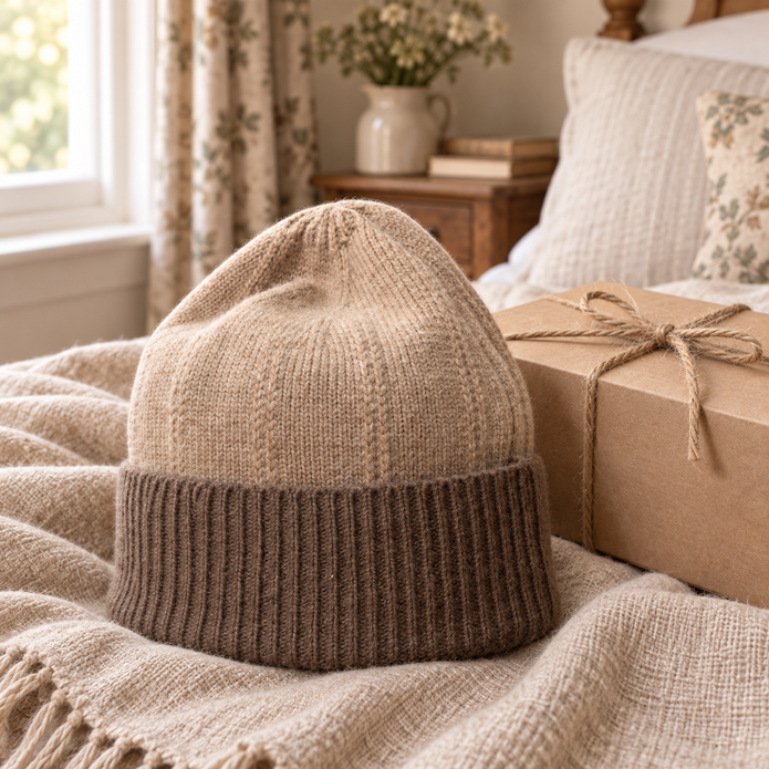 Oatmeal and cappuccino two-tone beanie styled with a gift box