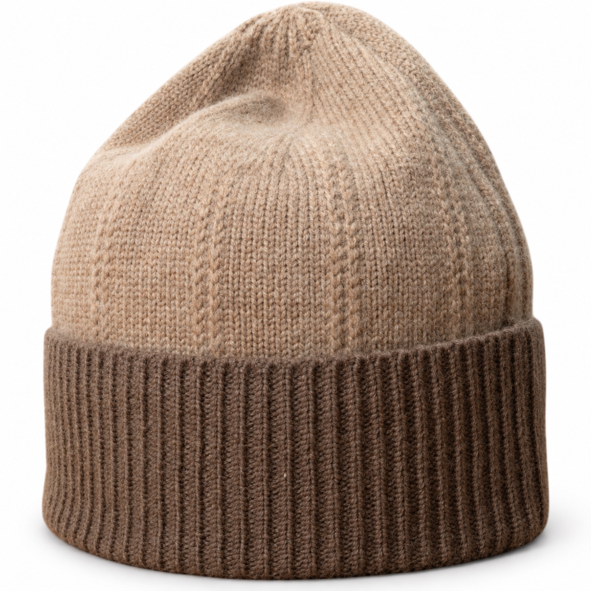 Oatmeal beanie with cappuccino rib cuff on white