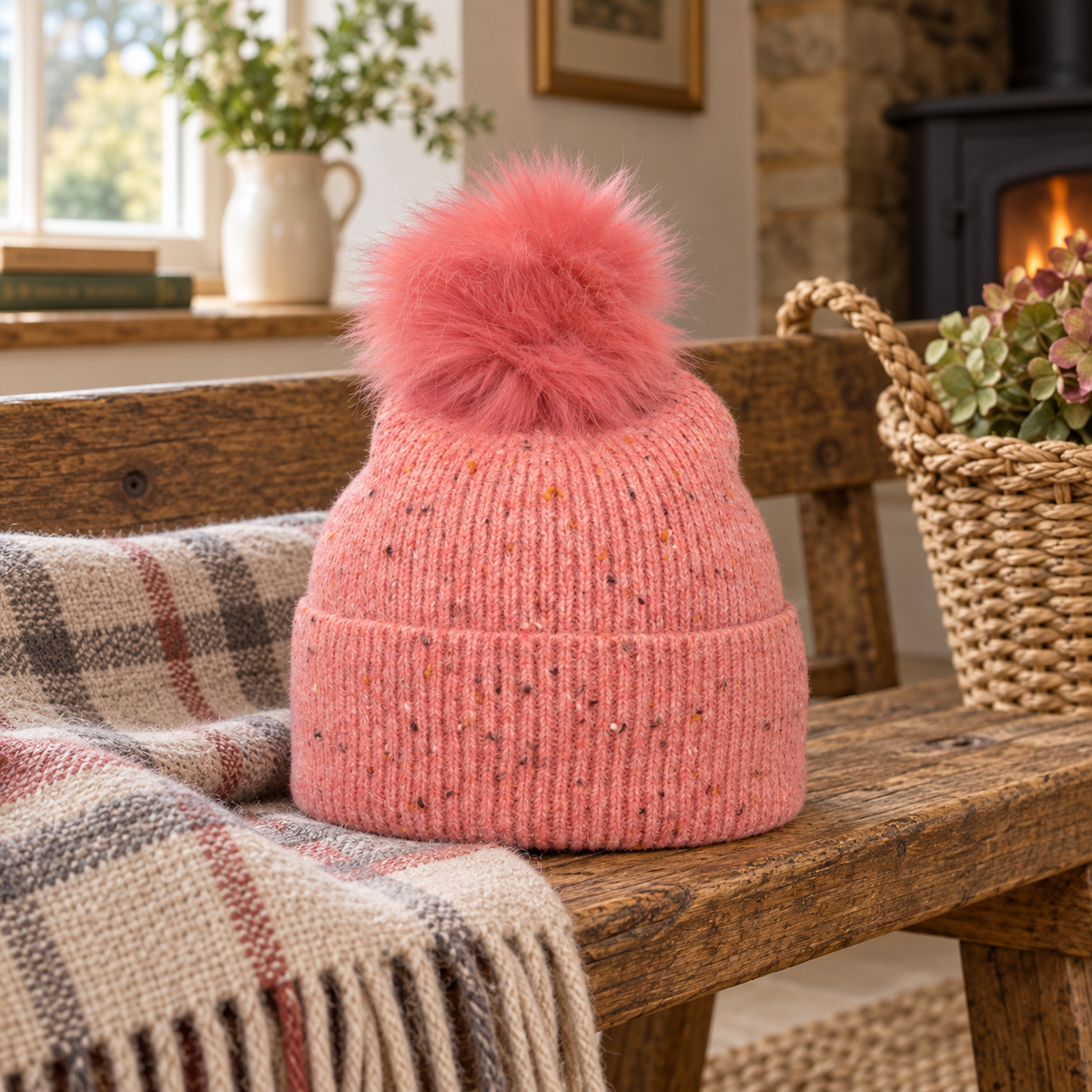 Pink speckle bobble hat in a warm country-home setting