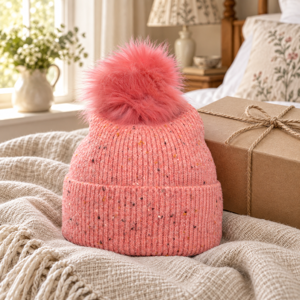 Pink speckle rib bobble hat styled beside a kraft gift box