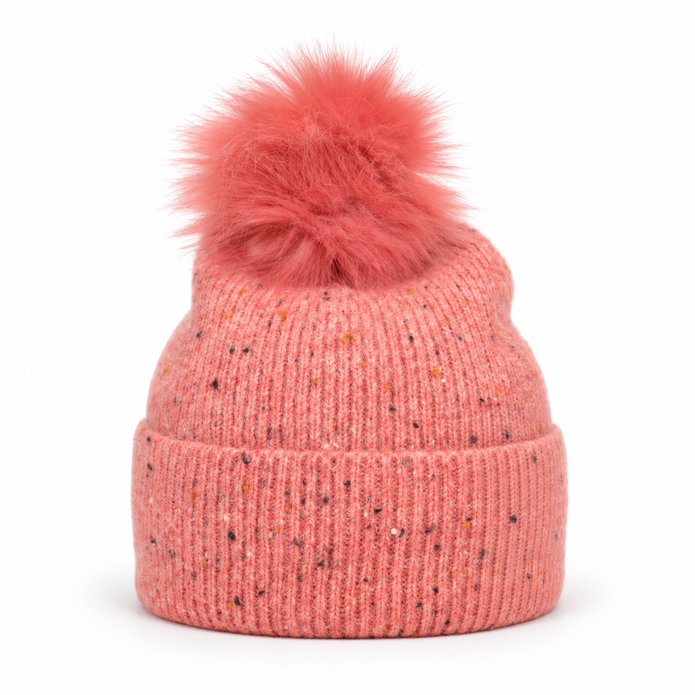 Pink speckle rib bobble hat with fluffy pom-pom on white