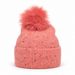 Pink speckle rib bobble hat with fluffy pom-pom on white
