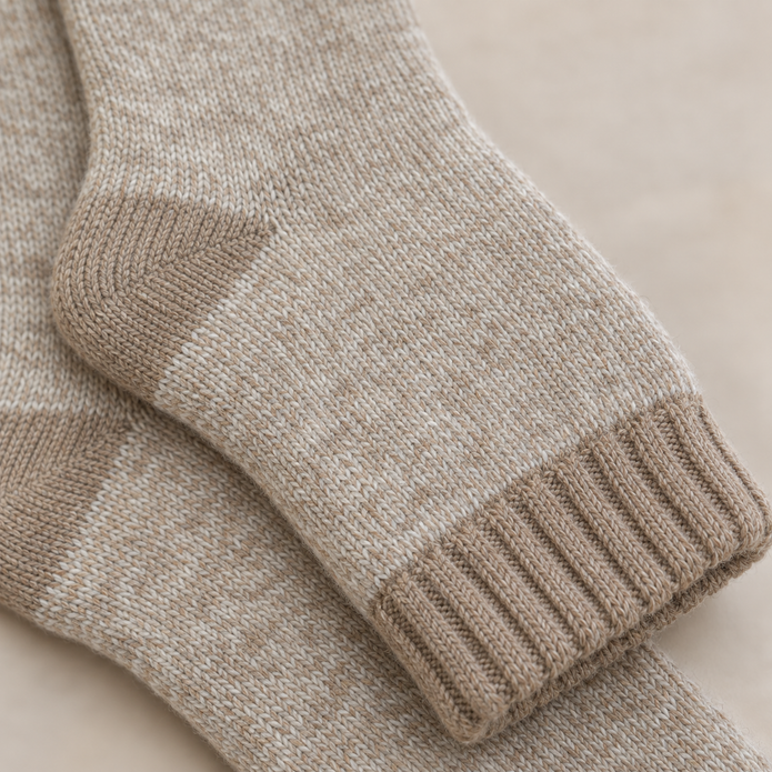 Close-up of the oatmeal and white marl sock knit