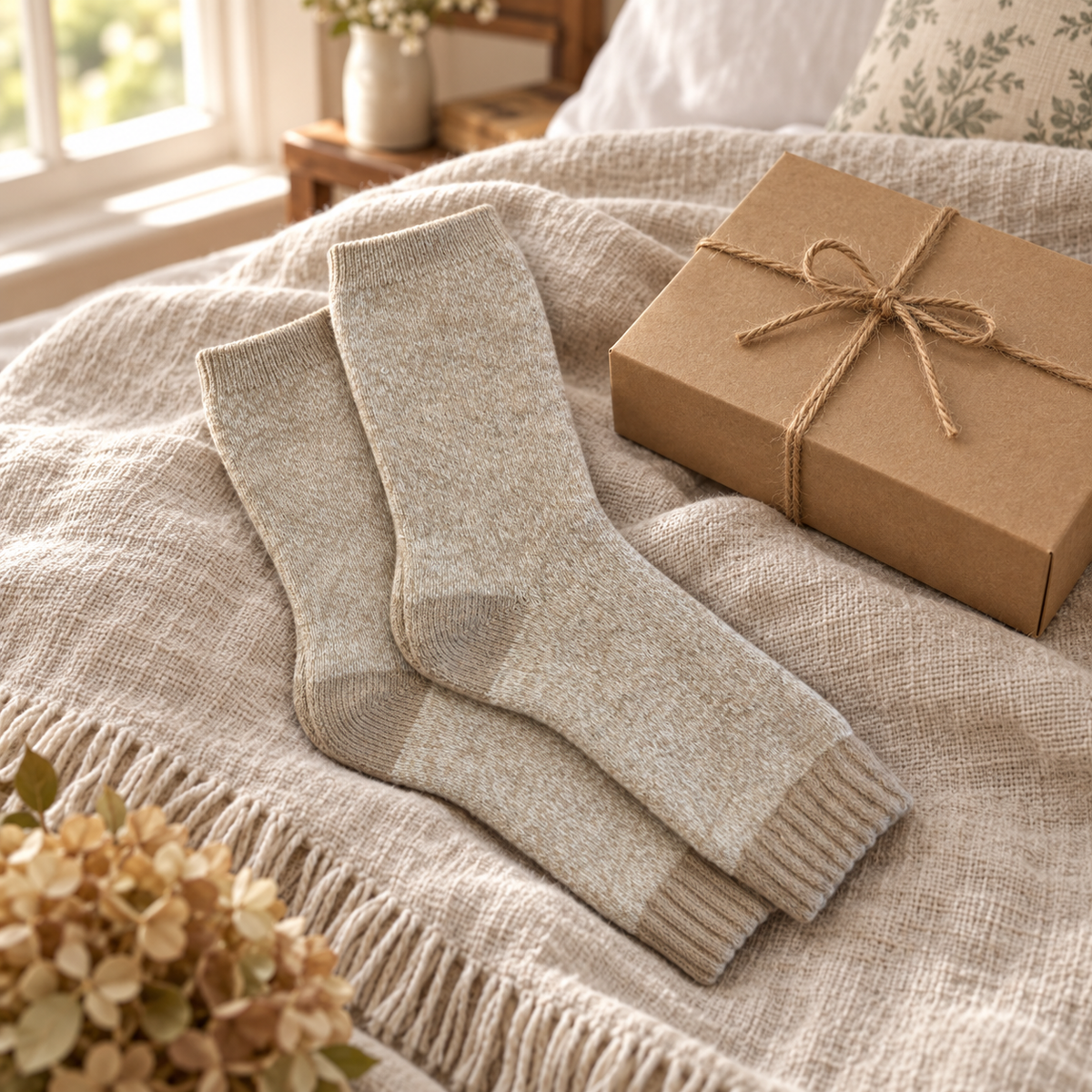 Oatmeal marl cosy socks styled beside a kraft gift box