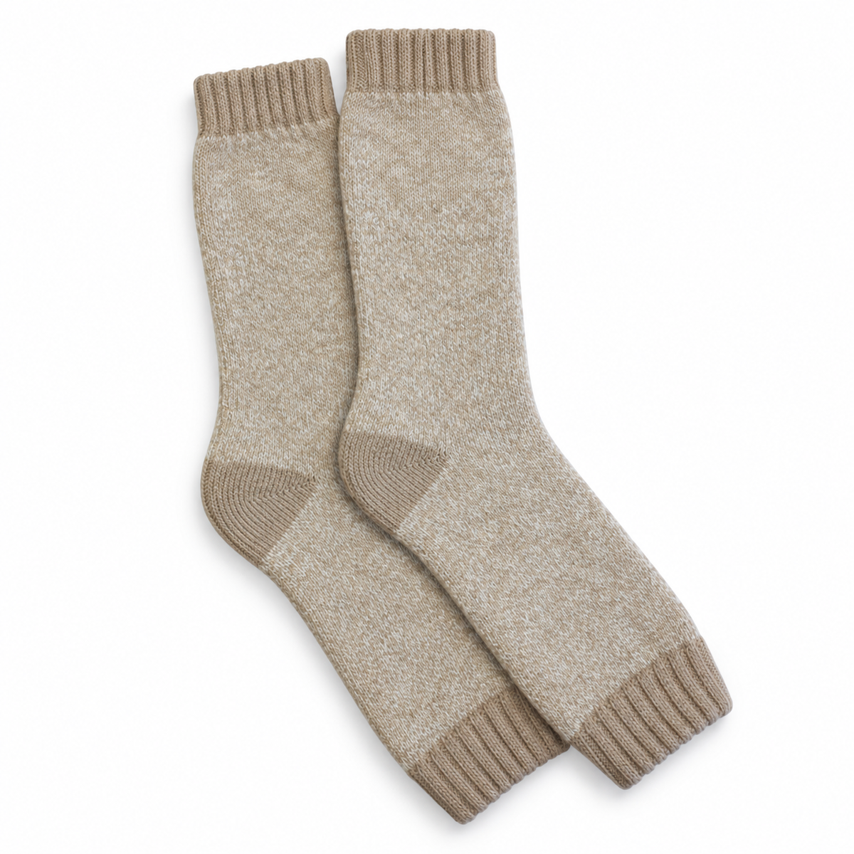 Pair of oatmeal and white marl cosy socks on white