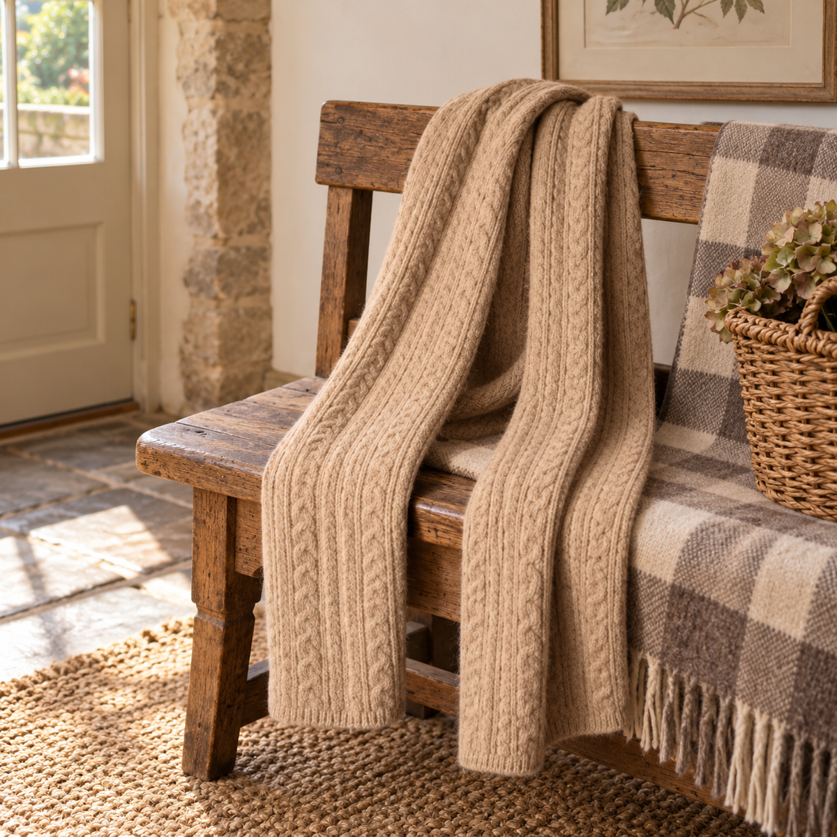 Oatmeal cable knit scarf draped over a rustic wooden bench