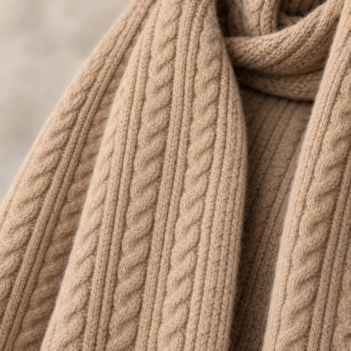 Close-up of the oatmeal cable knit scarf texture