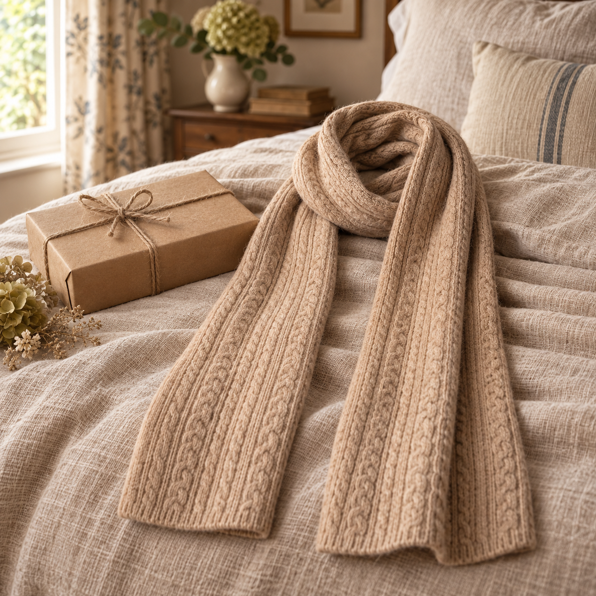 Oatmeal cable knit scarf styled with a kraft gift box in a country bedroom