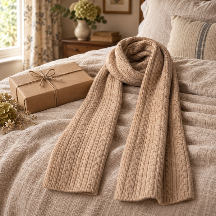 Oatmeal cable knit scarf styled with a kraft gift box in a country bedroom