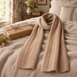 Oatmeal cable knit scarf styled with a kraft gift box in a country bedroom