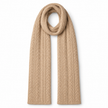 Oatmeal cable knit scarf shown in full on white