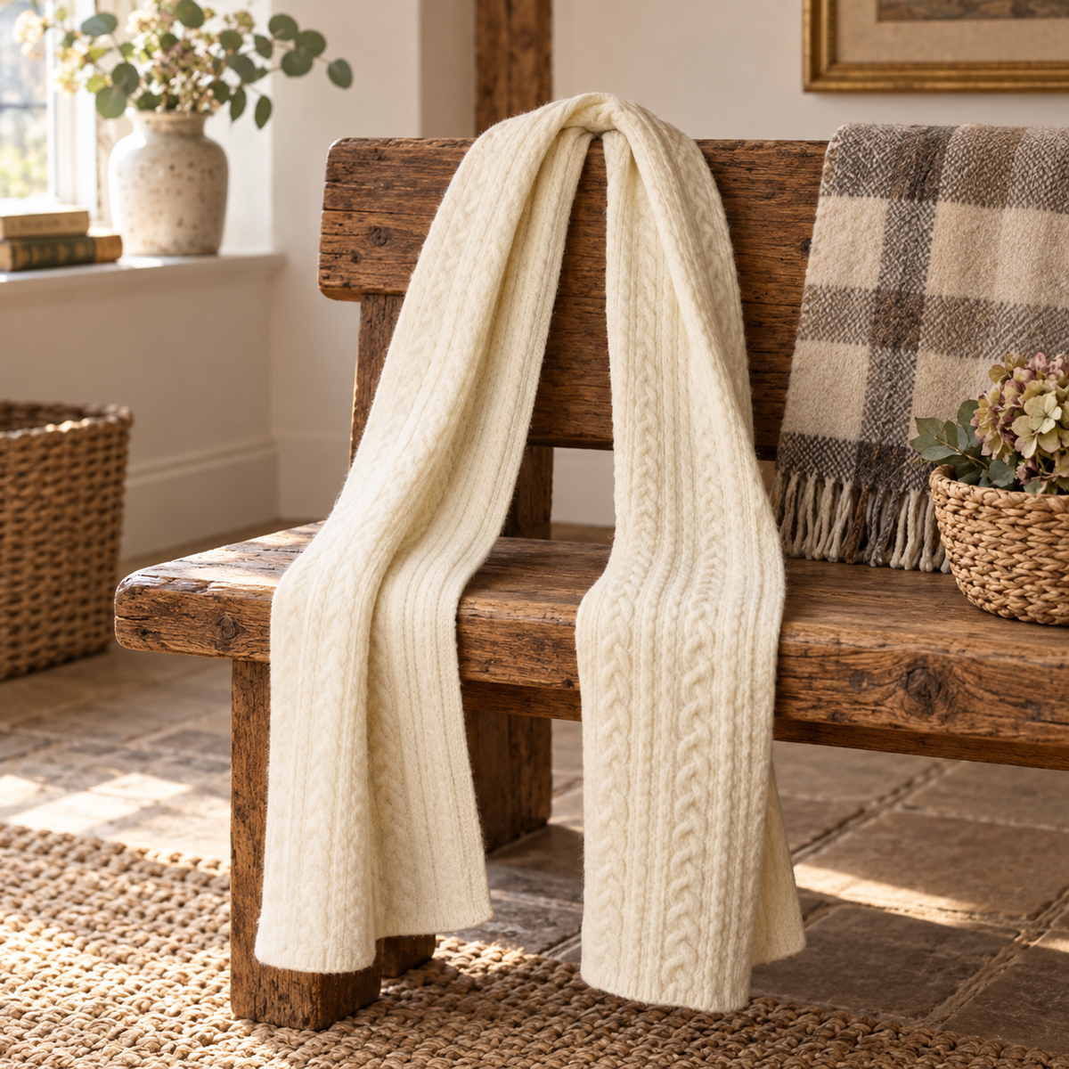Cream cable knit scarf draped over a rustic wooden bench