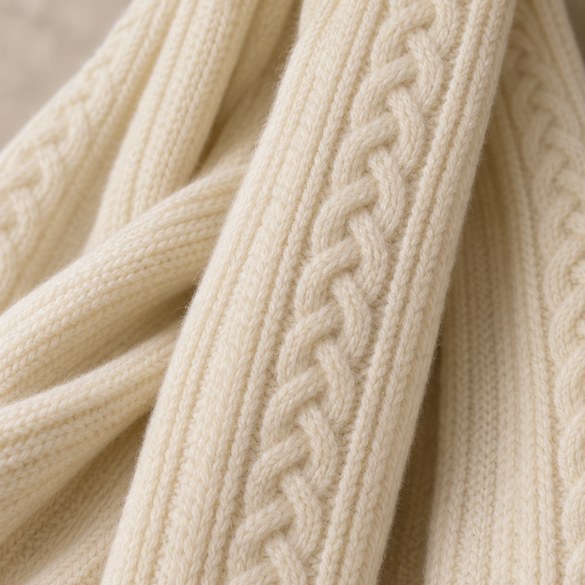 Close-up of the soft cream cable knit scarf texture