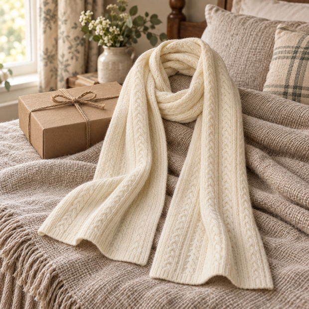 Cream cable knit scarf styled with a kraft gift box in a warm country bedroom