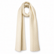 Cream cable knit scarf shown in full on a white background